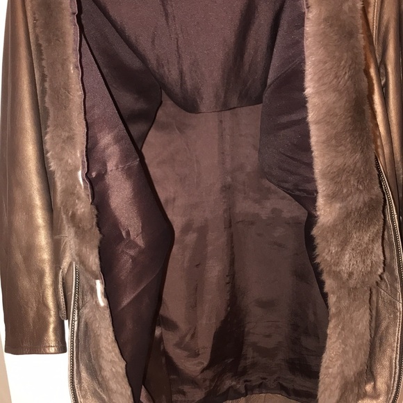 NINA RICCI leather coat with rabbit fur lining bronze metallic vintage RARE L/XL - Picture 15 of 17